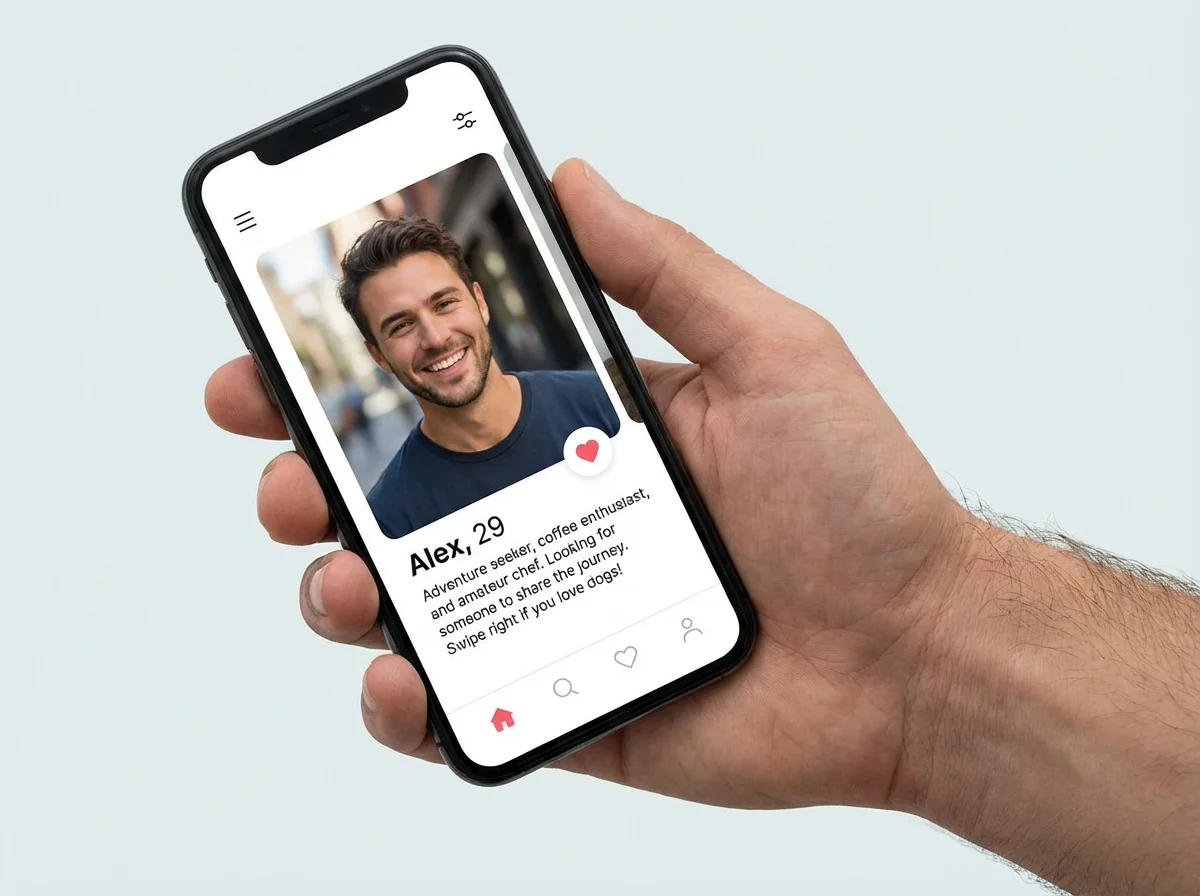 Dating app profile screen showing bio that transparently mentions AI photos