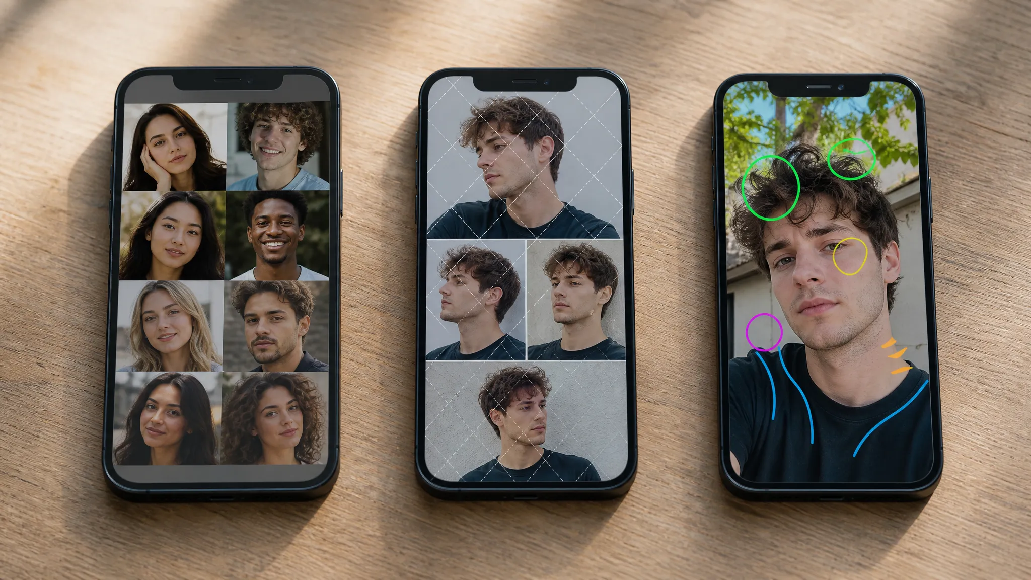 Three kinds of free side by side: a gallery of strangers, a watermarked sample, and an analysis of your own selfie