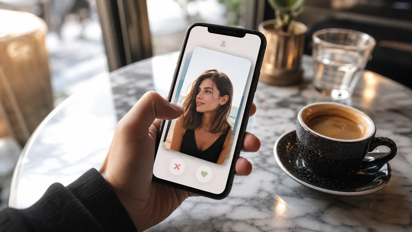 Smartphone showing a Hinge dating profile with hinge photos over a caf&eacute; table