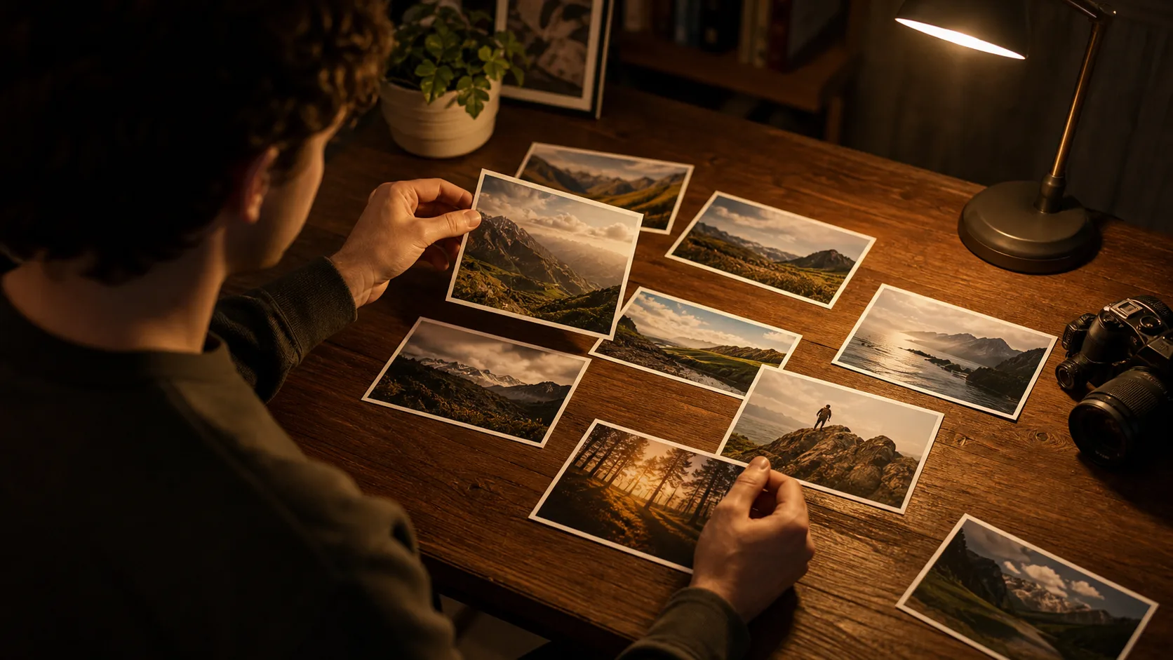 Man selecting the best hinge photos from printed options on a desk