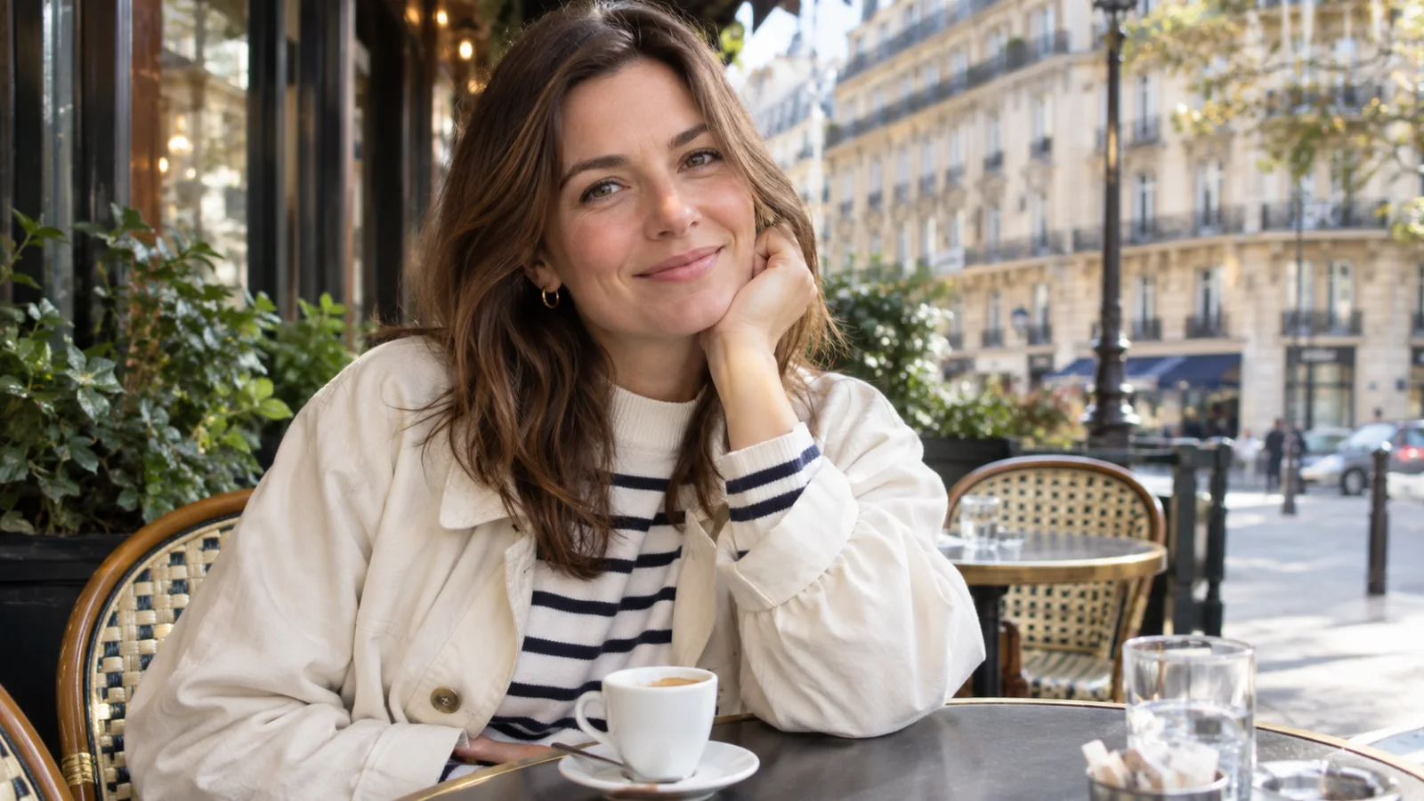 Une femme en marinière et veste claire sourit sur une terrasse de café parisienne, en lumière naturelle : une photo de profil nette et vivante