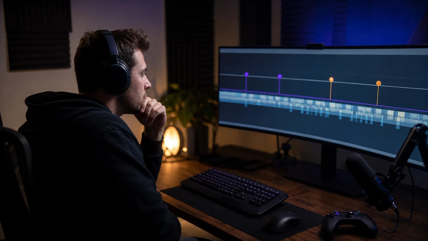 Streamer reviewing marked highlight points in a long video timeline