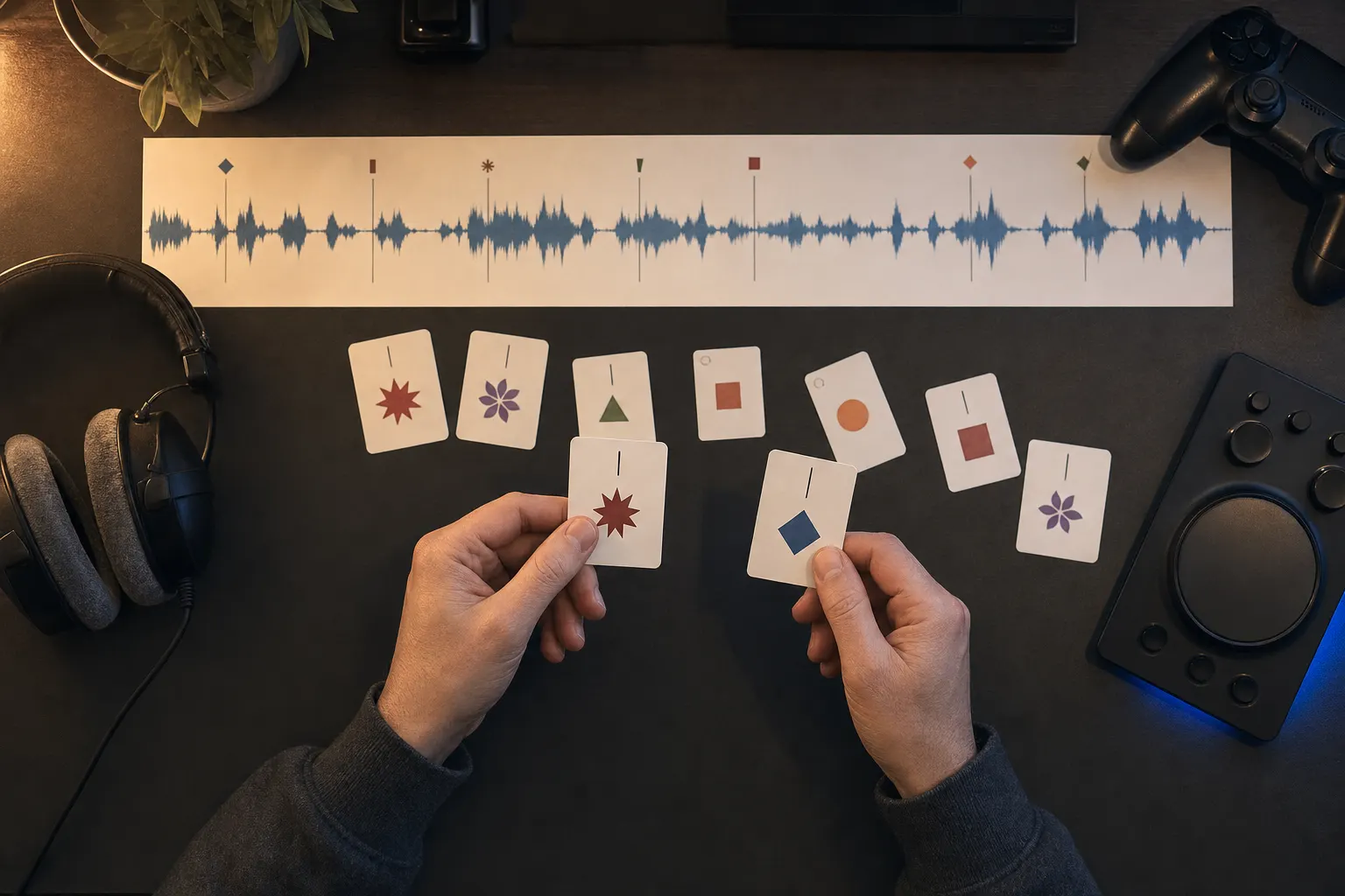 Creator selecting two highlight cards from a larger set beside a printed video waveform