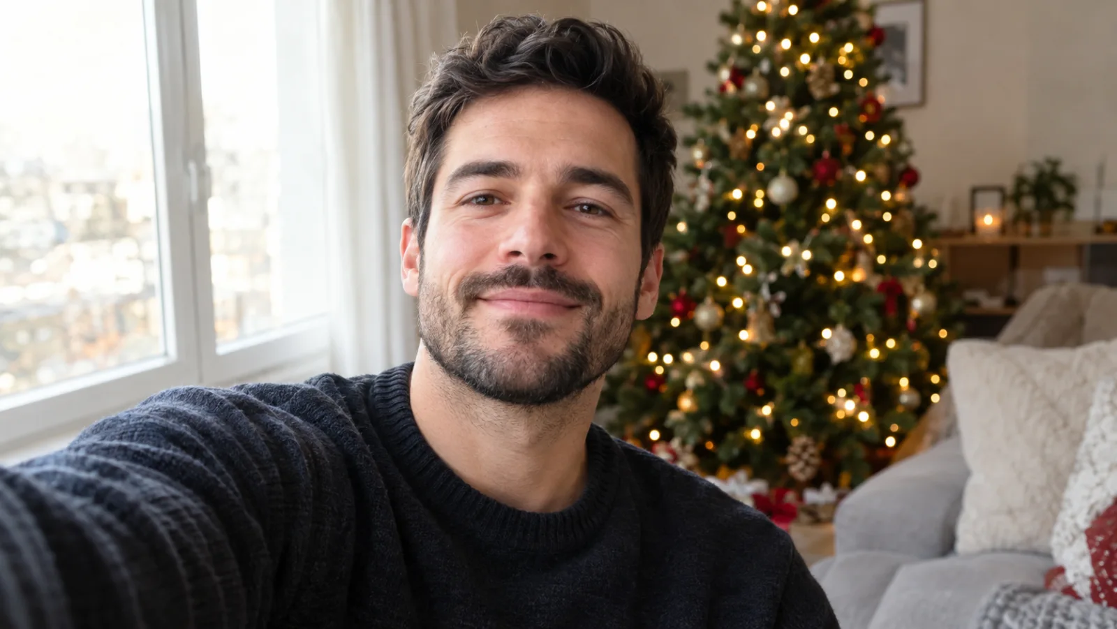 Man taking a front-facing selfie by a bright window with a Christmas tree softly blurred in the background