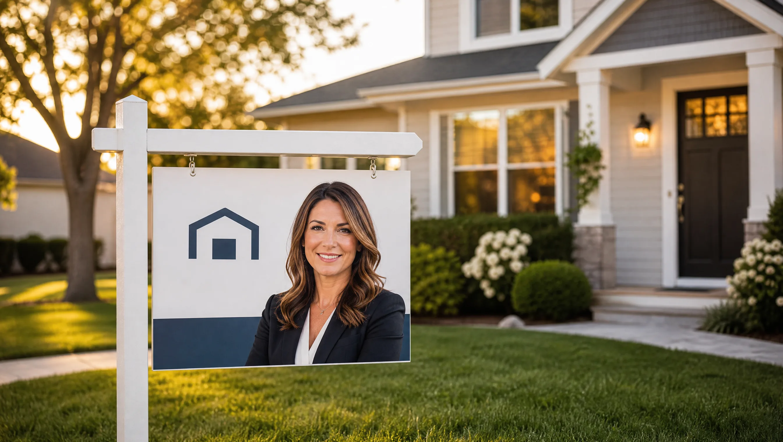 A real estate yard sign with an agent's photo in front of a suburban home at golden hour