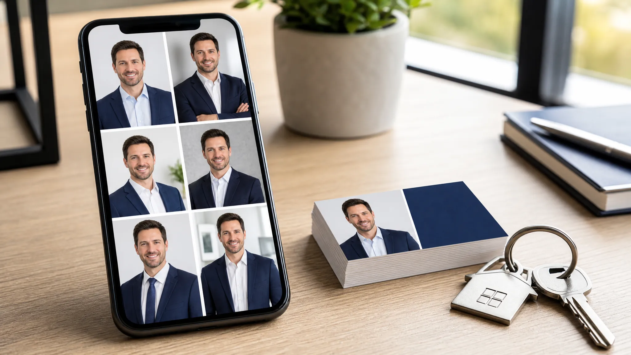 A phone showing a set of professional agent headshots beside business cards and a for sale flyer