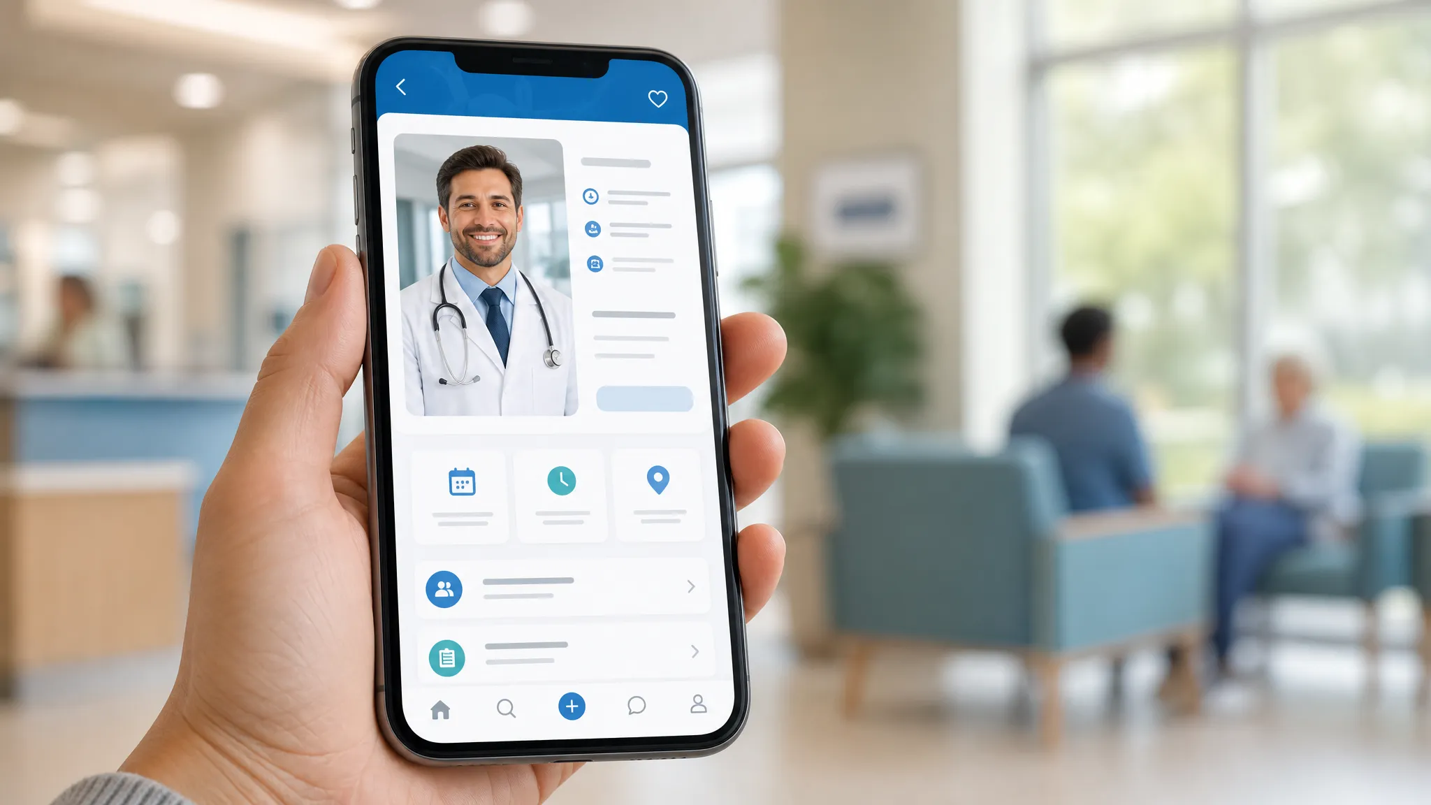 A phone showing a medical directory listing with a clear professional doctor photo