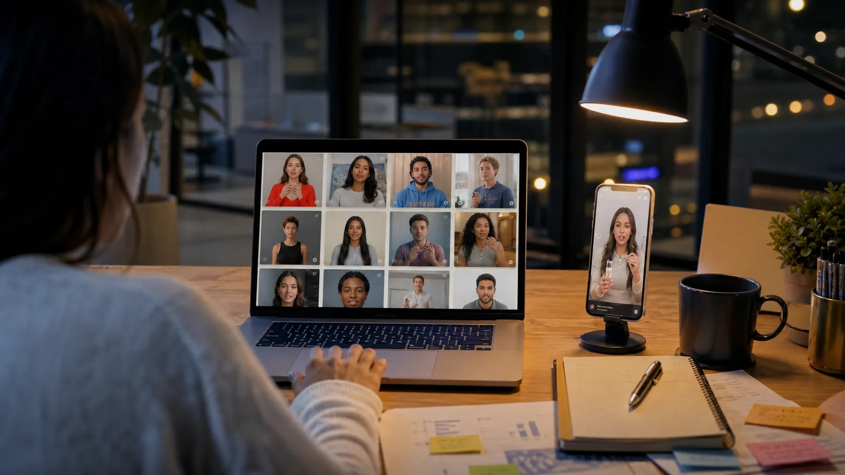 Marketer reviewing AI actor thumbnails for UGC video ads on a laptop