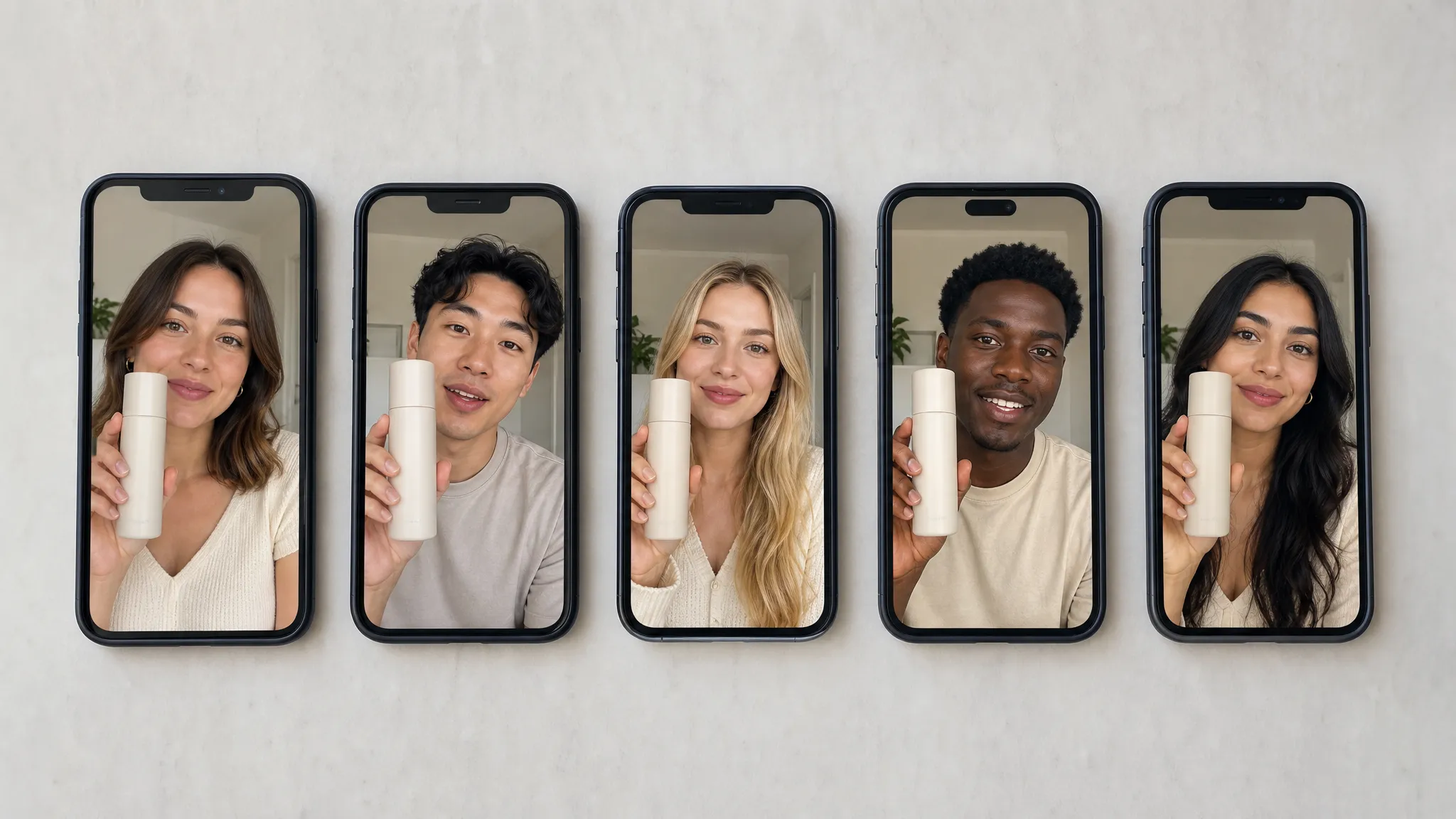 A row of nearly identical handheld-style product videos displayed on phone screens