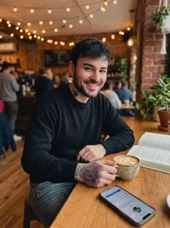 AI-generated dating photo in a warm coffee shop setting