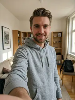 Indoor selfie before AI dating photo transformation
