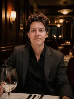 AI-generated dating photo with a polished upscale restaurant evening look