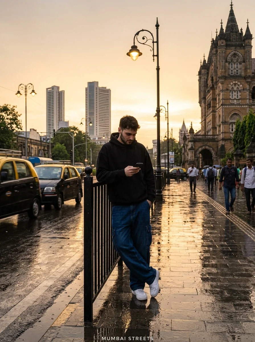 AI portrait generator result: mumbai rain street