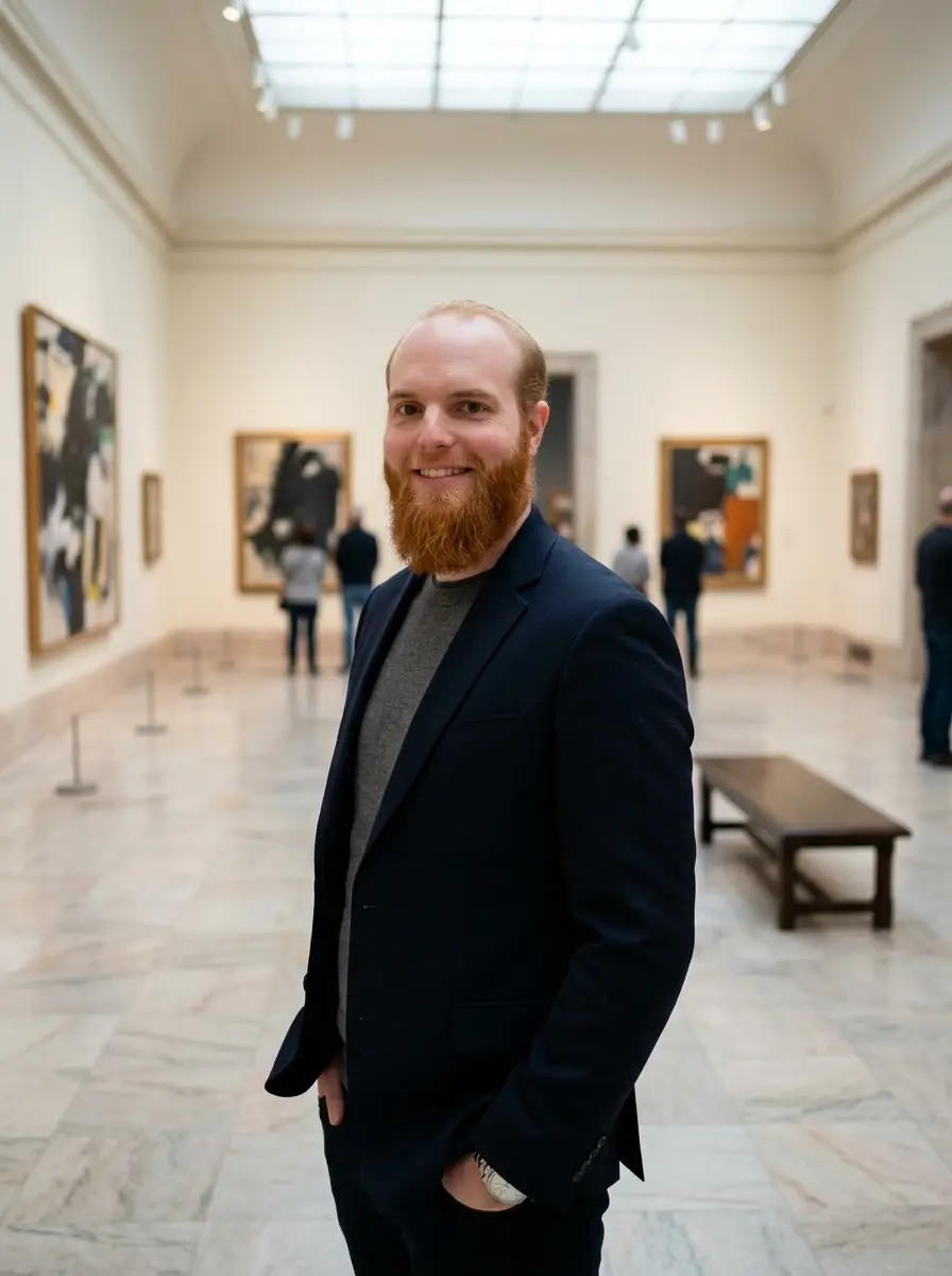 art-museum dating photo — Bearded man in navy blazer smiling in art gallery with skylight