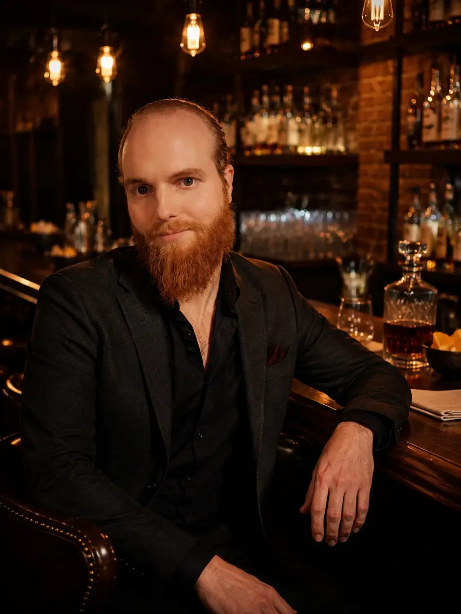 bar-lounge dating photo — bearded man in dark blazer seated at dimly lit whiskey bar