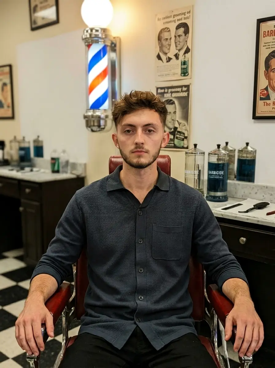 barbershop dating photo — man in dark shirt sitting in barber chair with barber pole behind