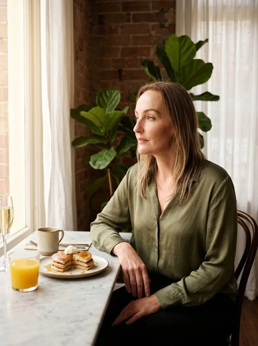 brunch dating photo — Woman in olive blouse gazes out window at marble cafe counter with pancakes