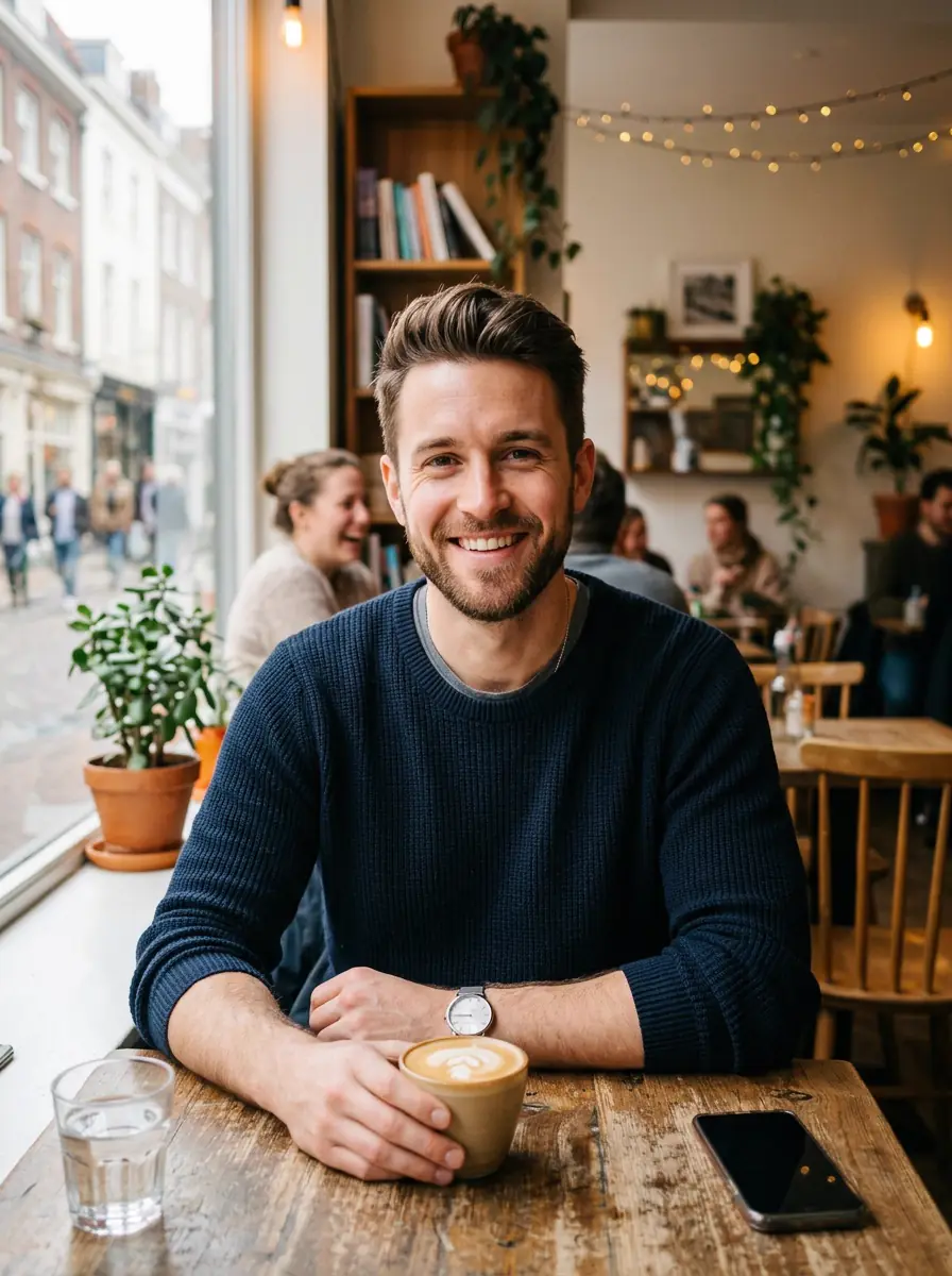 Coffee shop AI dating profile photo example