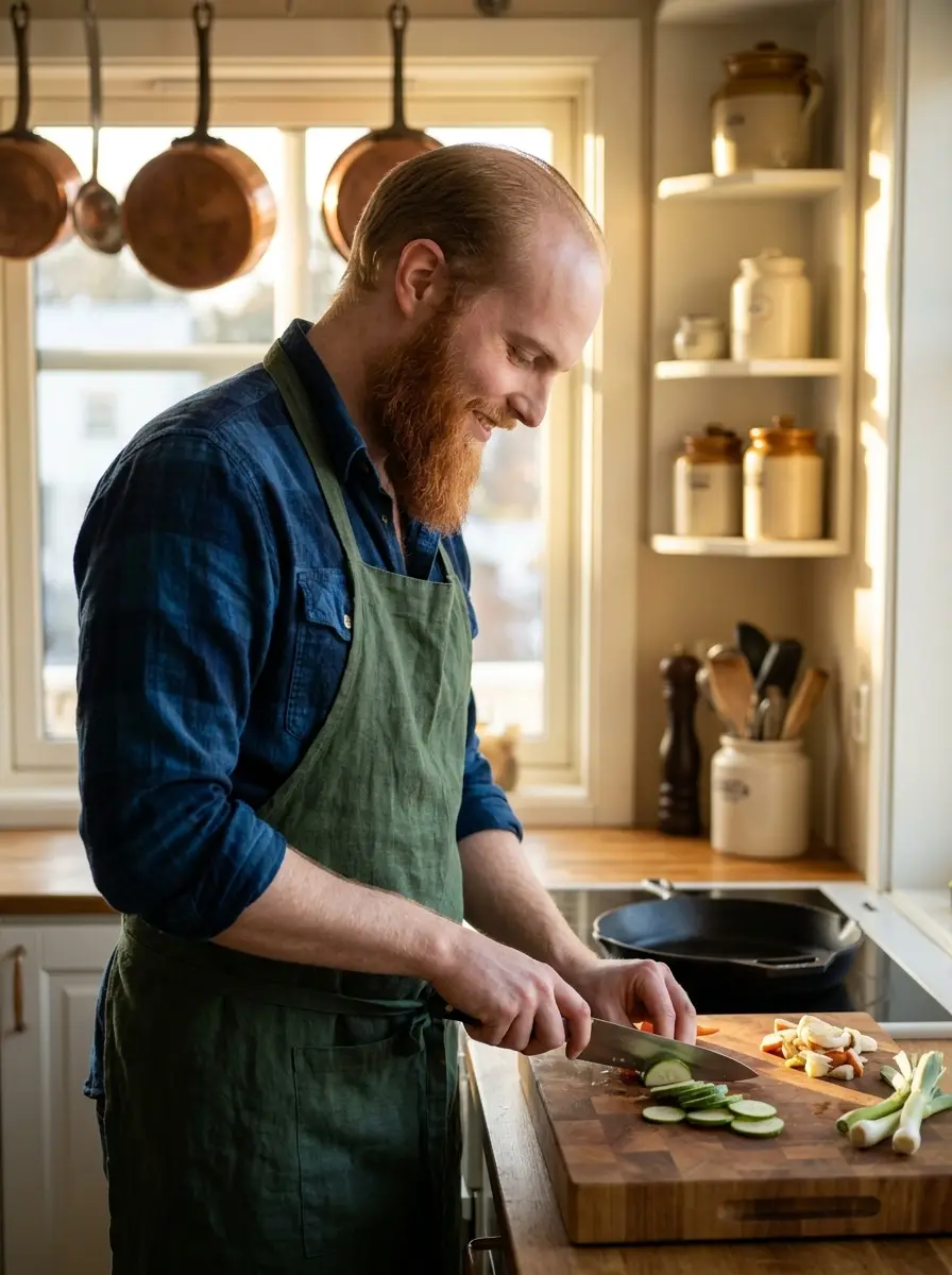 cooking-kitchen dating photo — bearded man in apron chopping vegetables in sunlit kitchen