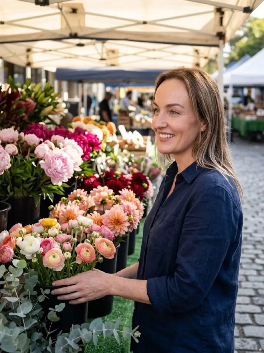 flower-market dating photo — Woman smiling while holding bucket of ranunculus at flower market stall