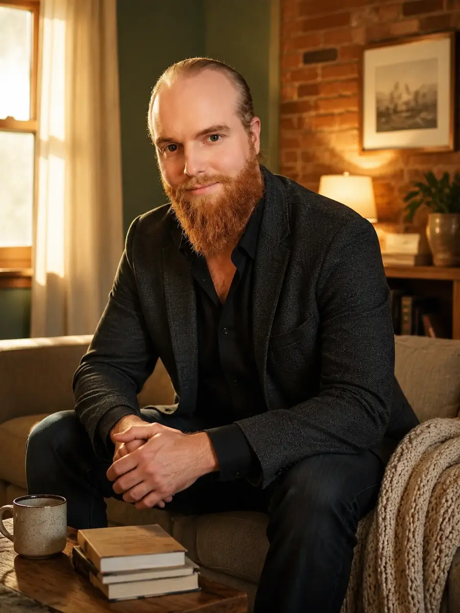 home-casual dating photo — bearded man in dark blazer seated on couch near coffee mug and books