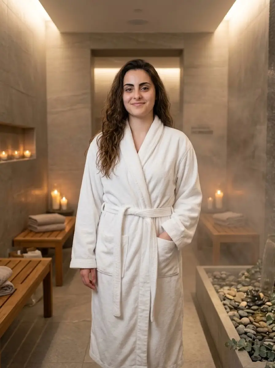spa-wellness dating photo — Woman in white robe standing in steamy candlelit spa room