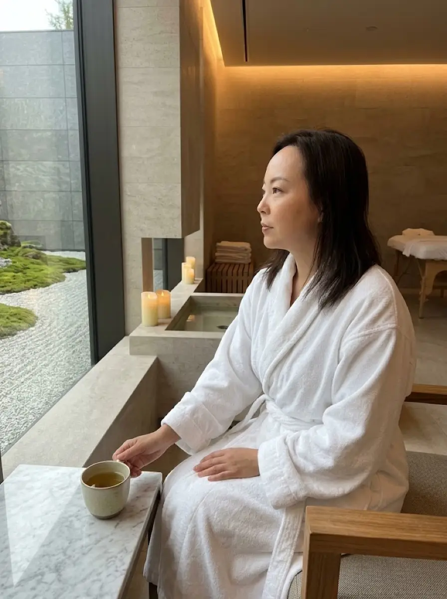 spa-wellness dating photo — Woman in robe sipping tea beside window with zen garden view