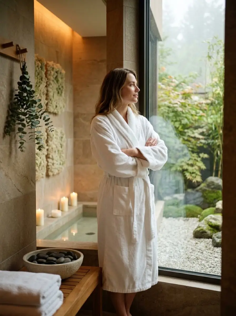 spa-wellness dating photo — Woman in white robe gazing out window to garden in spa room