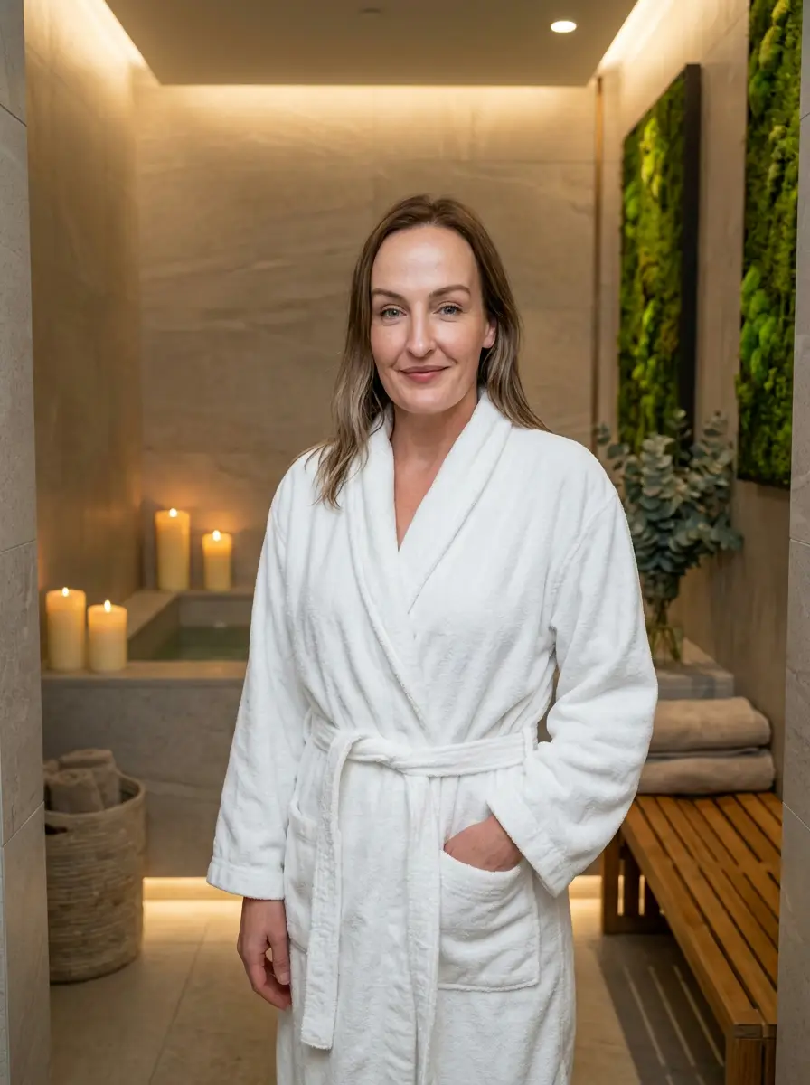 spa-wellness dating photo — woman in white robe standing in candlelit spa corridor