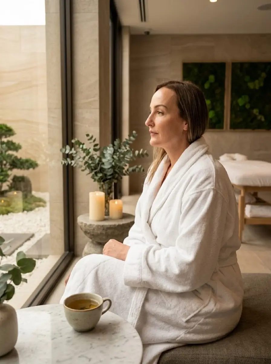 spa-wellness dating photo — woman in robe sitting with tea cup gazing out spa window