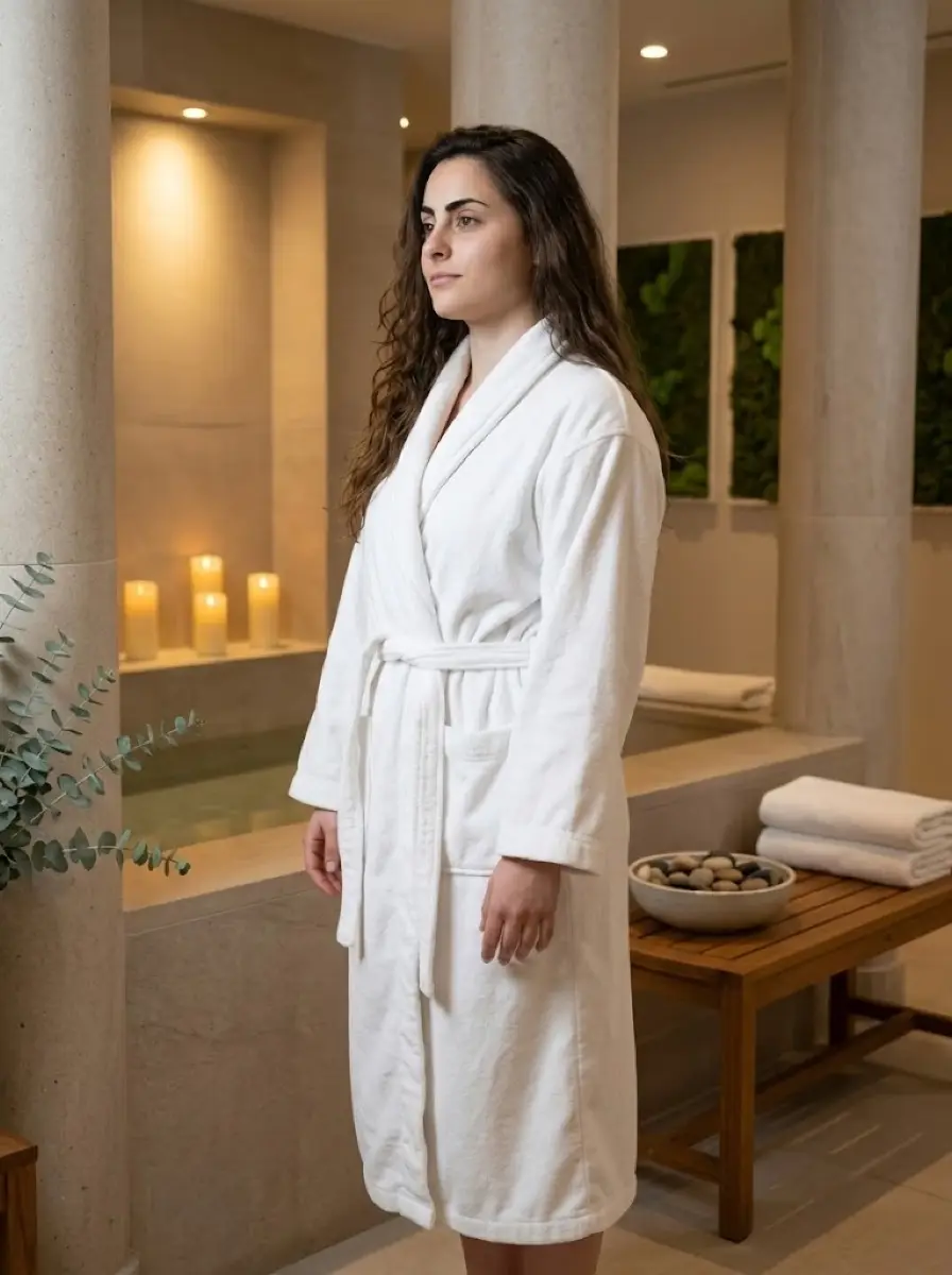 spa-wellness dating photo — woman in white robe standing beside spa bath with candles