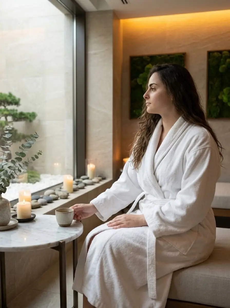 spa-wellness dating photo — woman in robe holding tea cup by spa window with candles