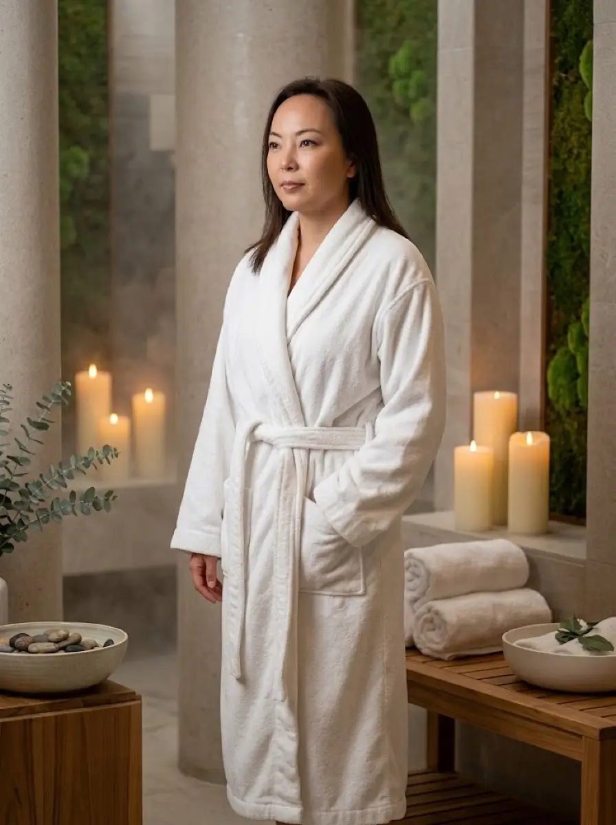 spa-wellness dating photo — woman in white robe standing among candles in serene spa