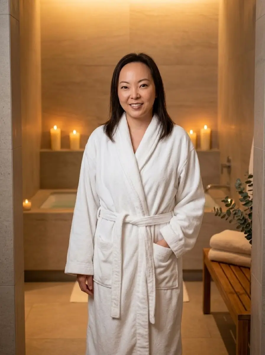 spa-wellness dating photo — Woman in white robe smiling in candlelit spa bathroom