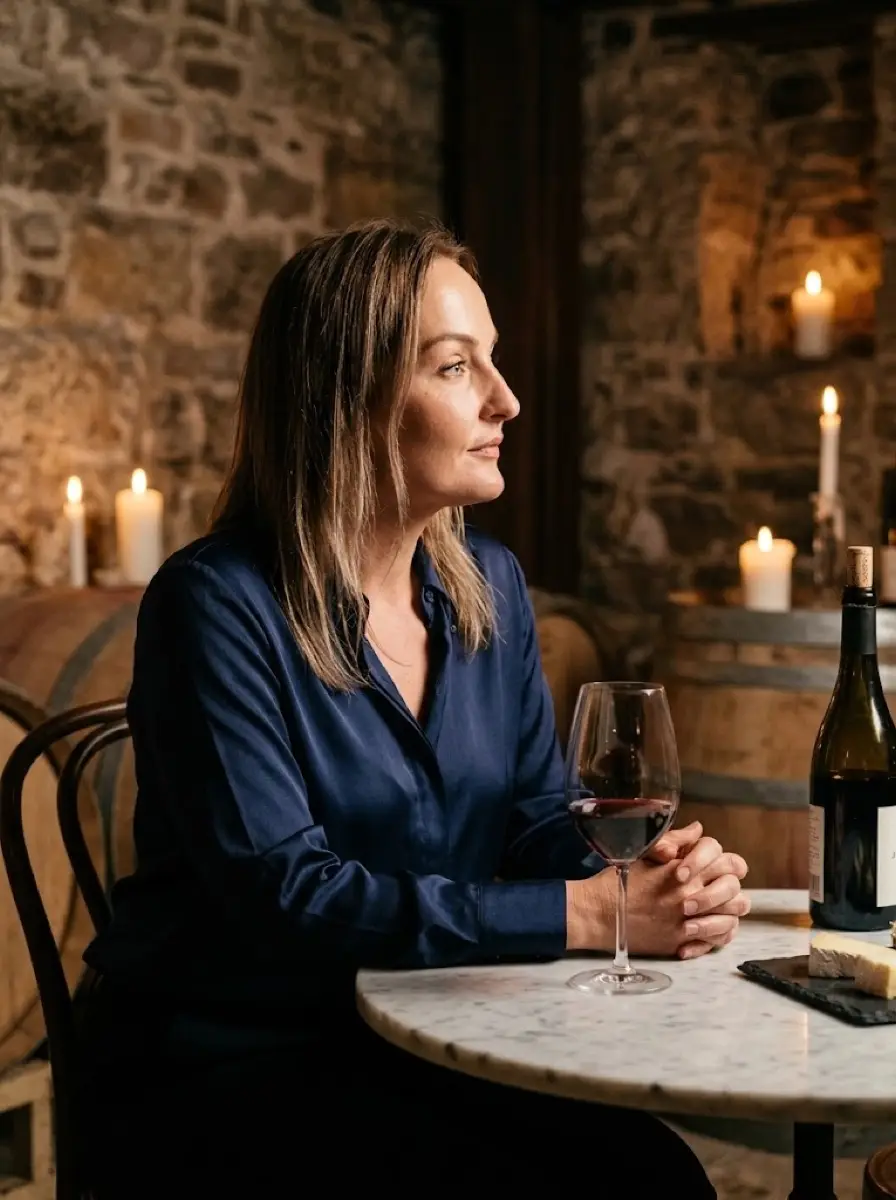 wine-tasting dating photo — woman with wine glass at marble table in candlelit stone cellar