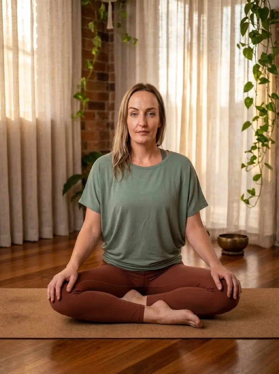 yoga-studio dating photo — woman sits cross-legged on yoga mat facing camera in sunlit room