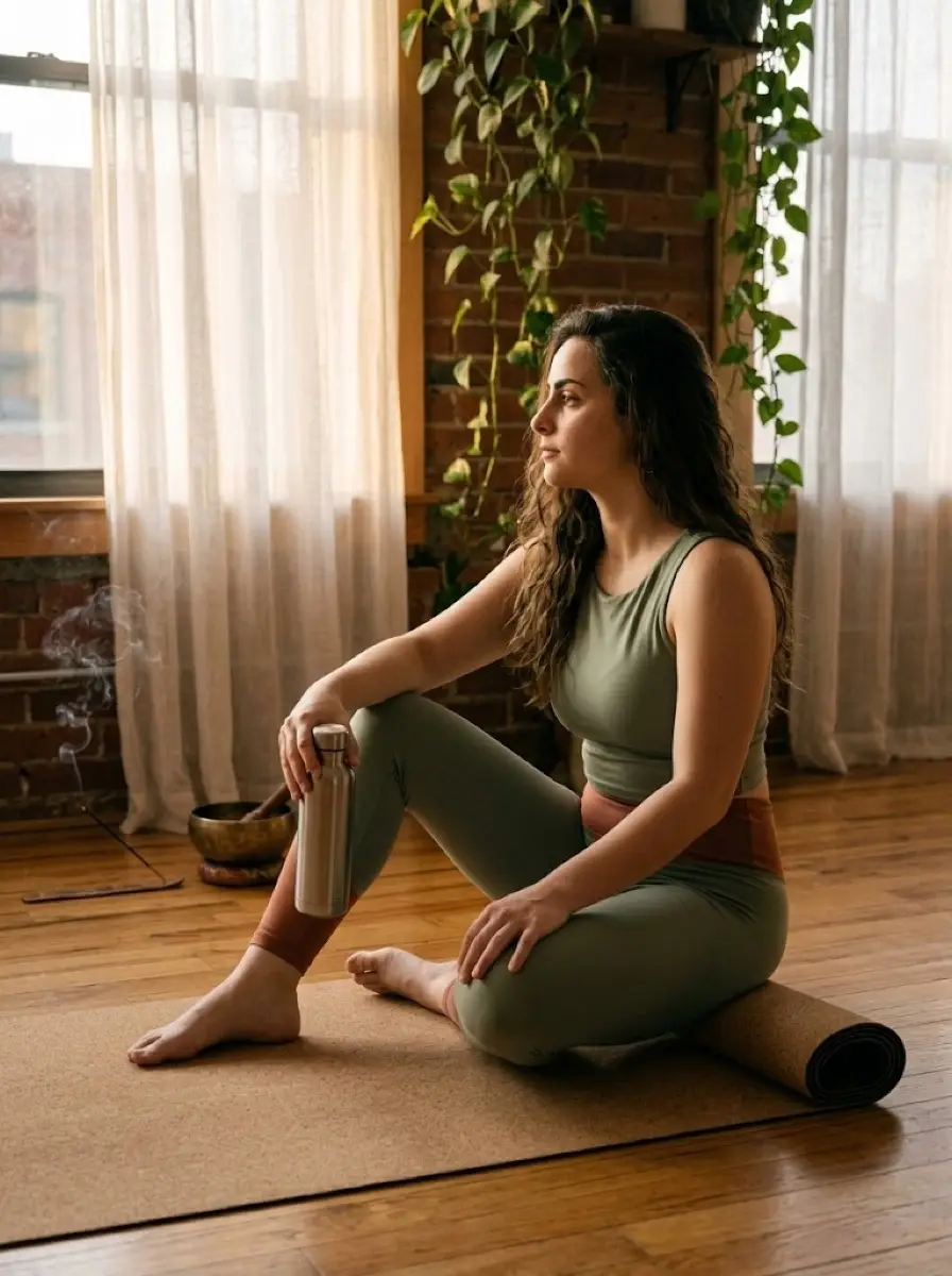 yoga-studio dating photo — woman in green activewear sits on mat holding water bottle near window