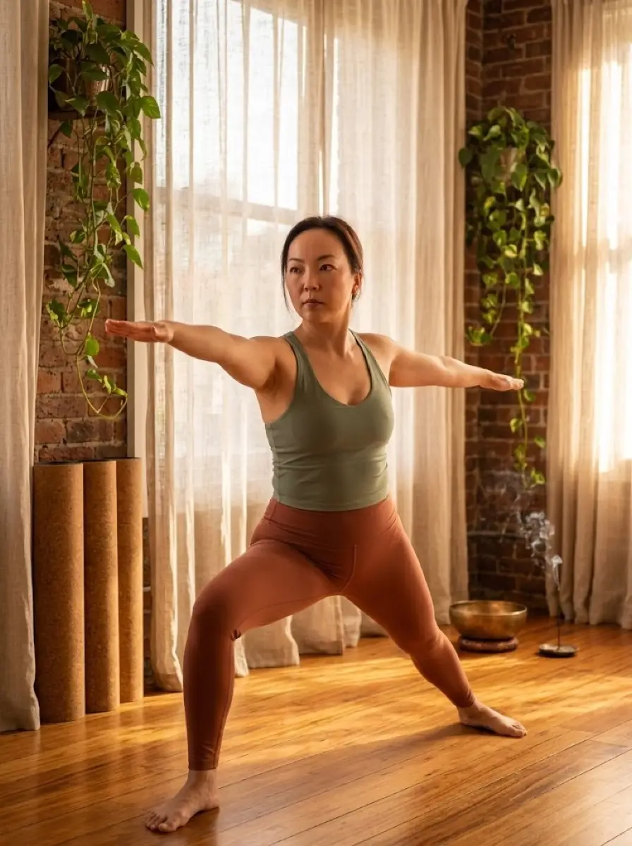 yoga-studio dating photo — woman holds warrior yoga pose on wooden floor by sheer curtains