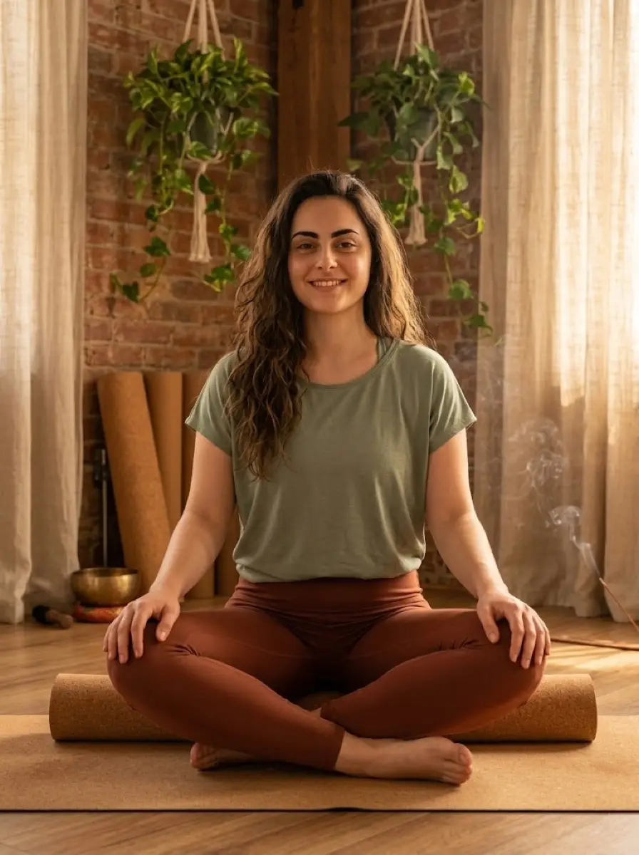 yoga-studio dating photo — smiling woman seated cross-legged on yoga mat by brick wall