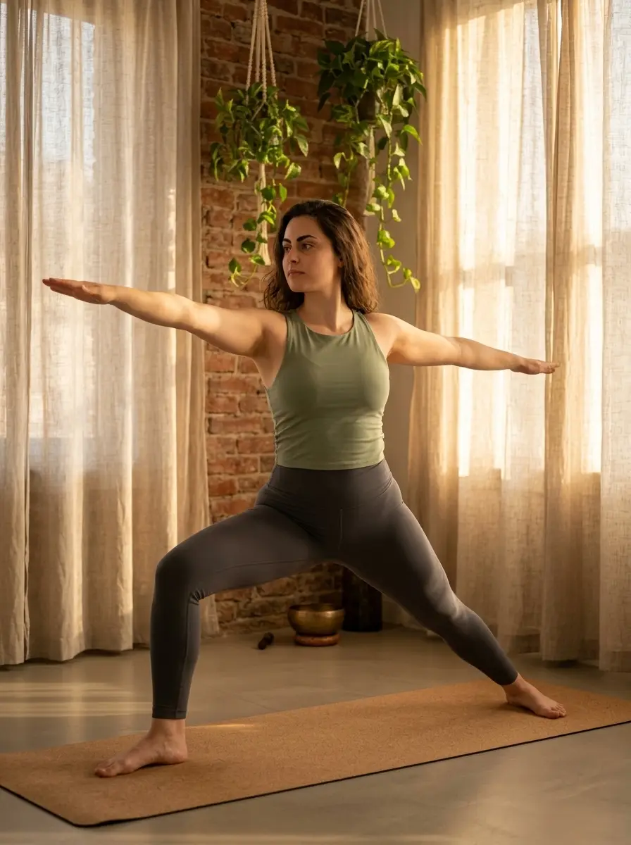 yoga-studio dating photo — woman holding warrior pose on cork mat in sunlit studio