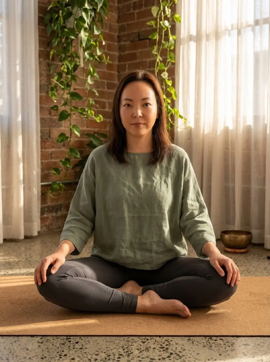 yoga-studio dating photo — woman meditating cross-legged on mat in sunlit brick studio