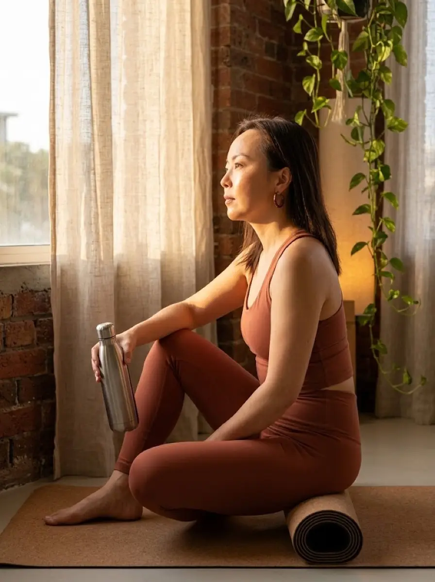 yoga-studio dating photo — woman in activewear sits on yoga mat holding water bottle by window