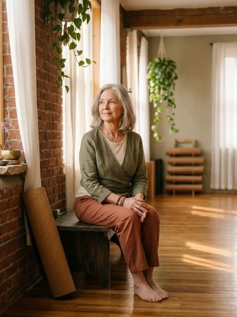 yoga-studio dating photo — older woman sits on wooden bench near brick wall and hanging plants